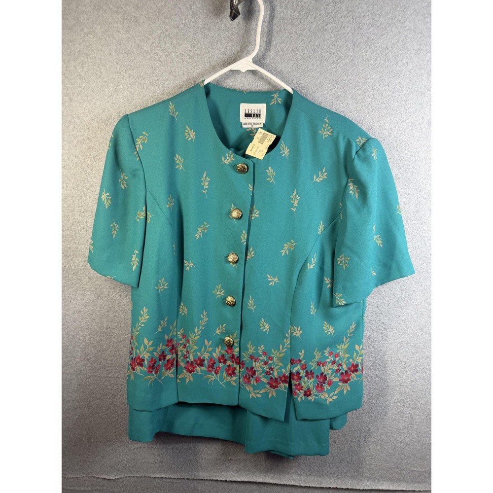 Leslie Fay Jacket Skirt Set Womens 18 Green Floral Button Front Elastic Waist